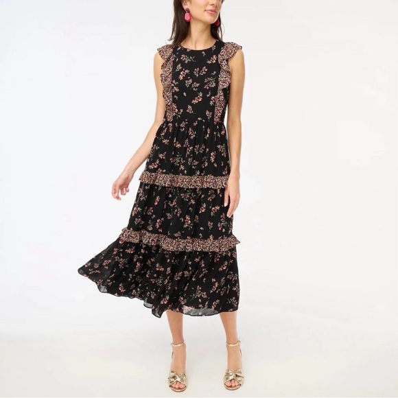 J. Crew Dresses & Skirts - J. Crew Sleeveless Floral Ruffle Tiered Maxi Dress in Black Ditsy